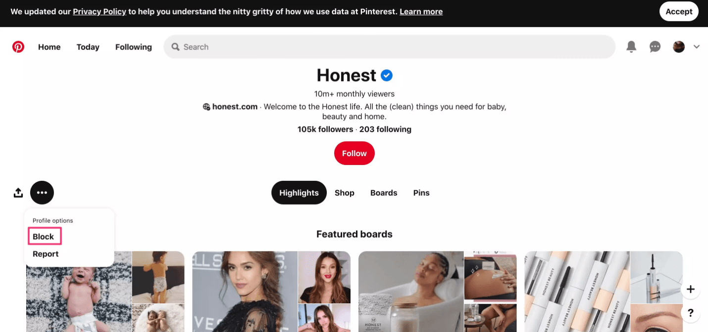 Block someone on pinterest in web 2